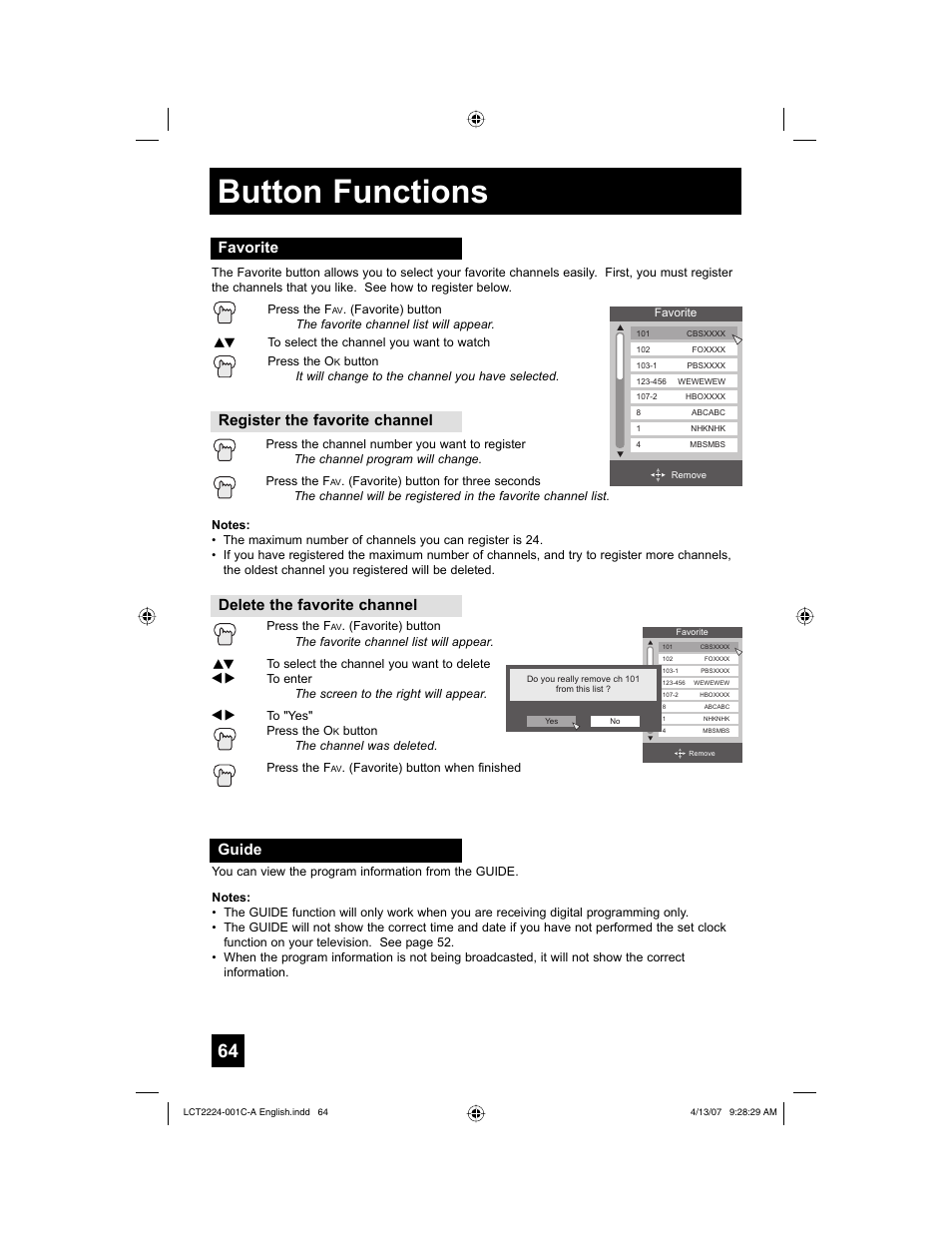 Favorite, Guide, Button functions | JVC HD-ILA 0407TNH-II-IM User Manual | Page 64 / 72