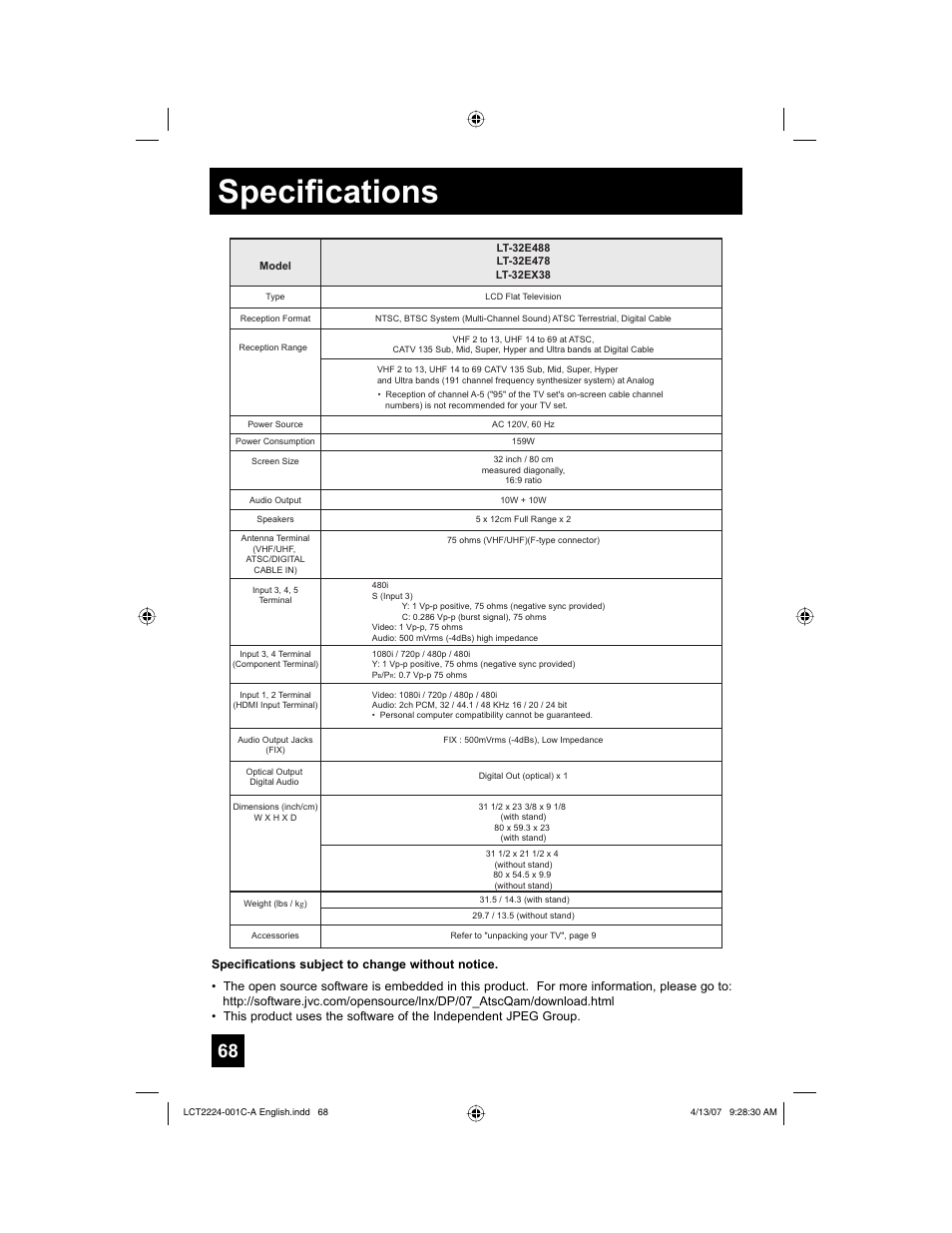 Specifications | JVC HD-ILA 0407TNH-II-IM User Manual | Page 68 / 72