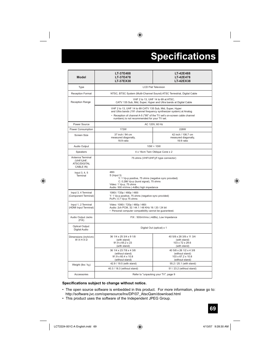 Specifications | JVC HD-ILA 0407TNH-II-IM User Manual | Page 69 / 72