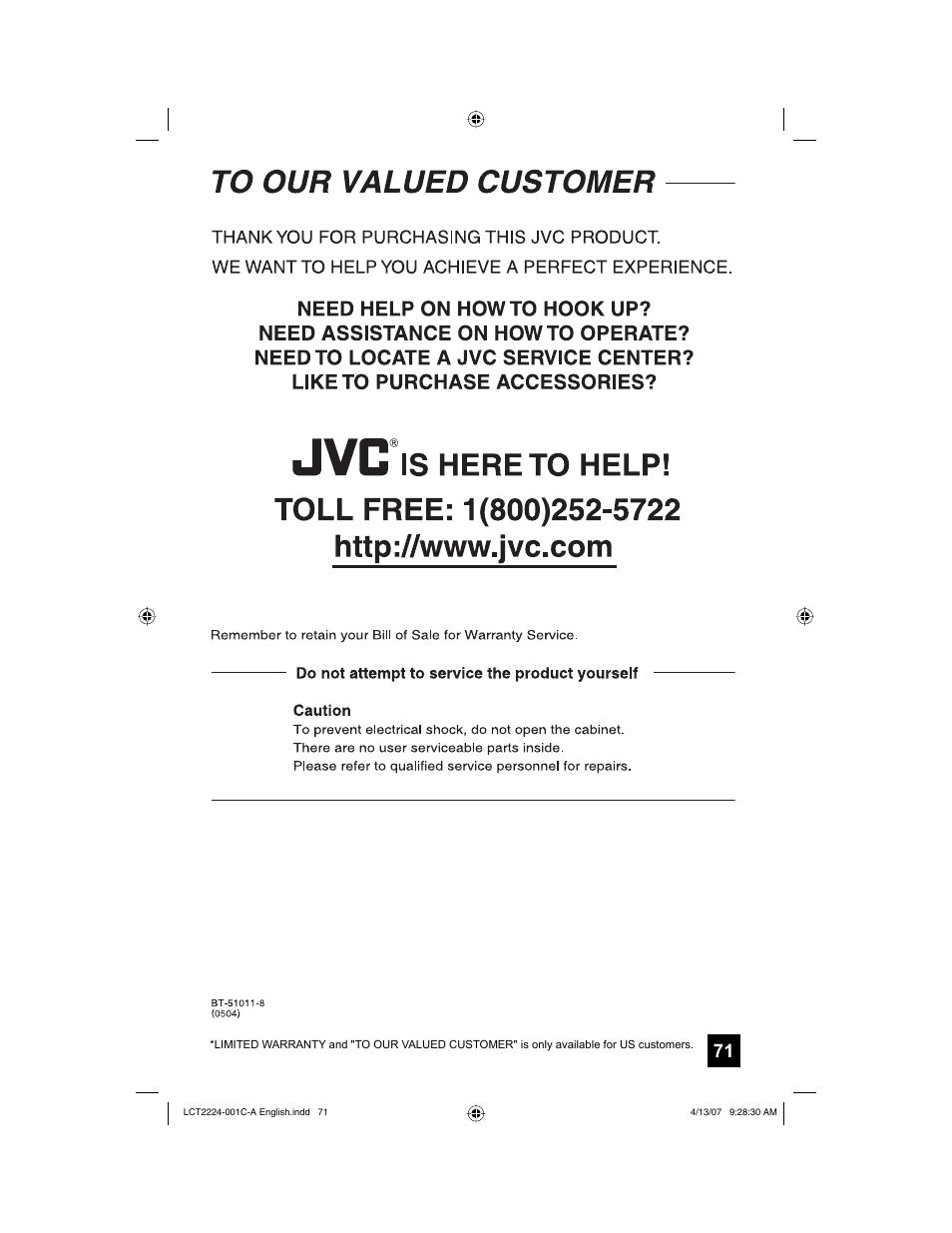 To our valued customer | JVC HD-ILA 0407TNH-II-IM User Manual | Page 71 / 72