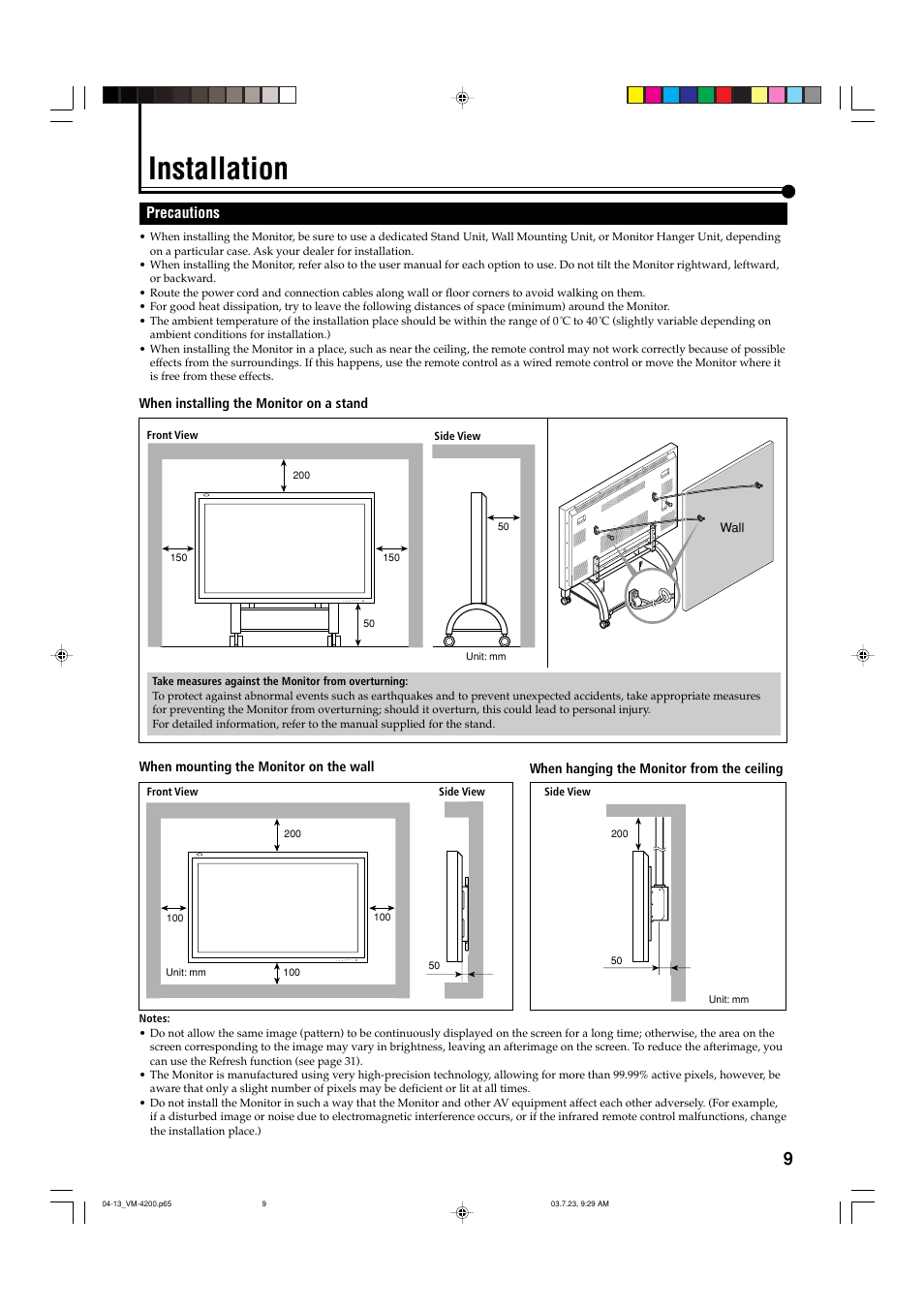 Installation, Precautions | JVC VM-4200 User Manual | Page 11 / 44