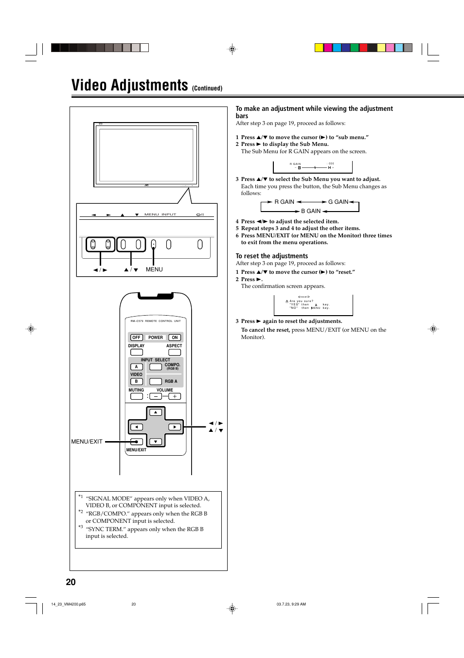 Video adjustments, Menu input | JVC VM-4200 User Manual | Page 22 / 44