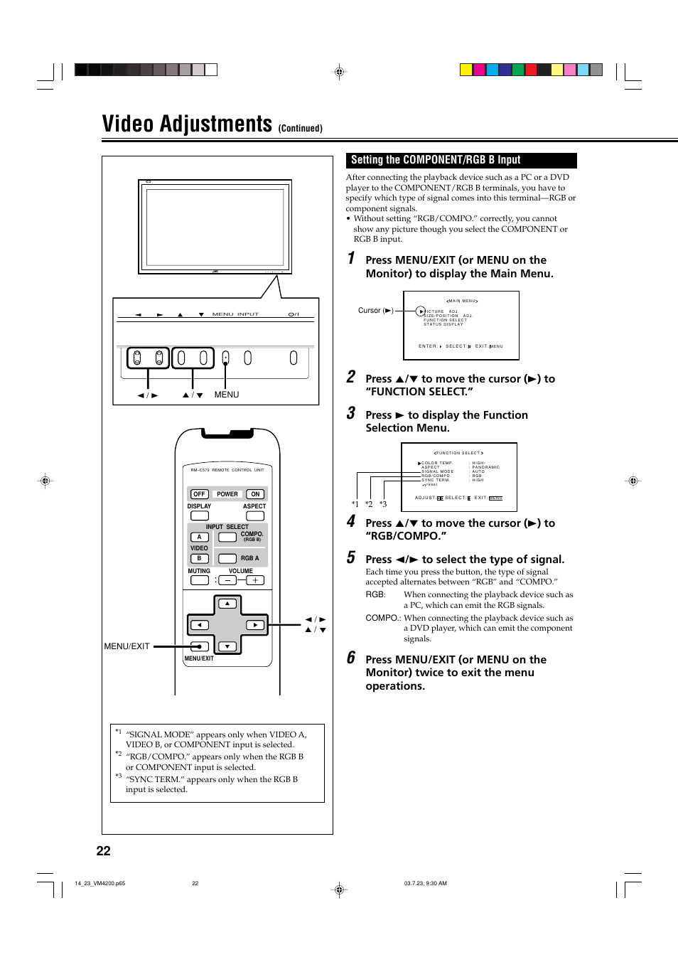 Video adjustments, Setting the component/rgb b input, Press 3 to display the function selection menu | Press 5 / ∞ to move the cursor ( 3 ) to “rgb/compo, Press 2 / 3 to select the type of signal | JVC VM-4200 User Manual | Page 24 / 44