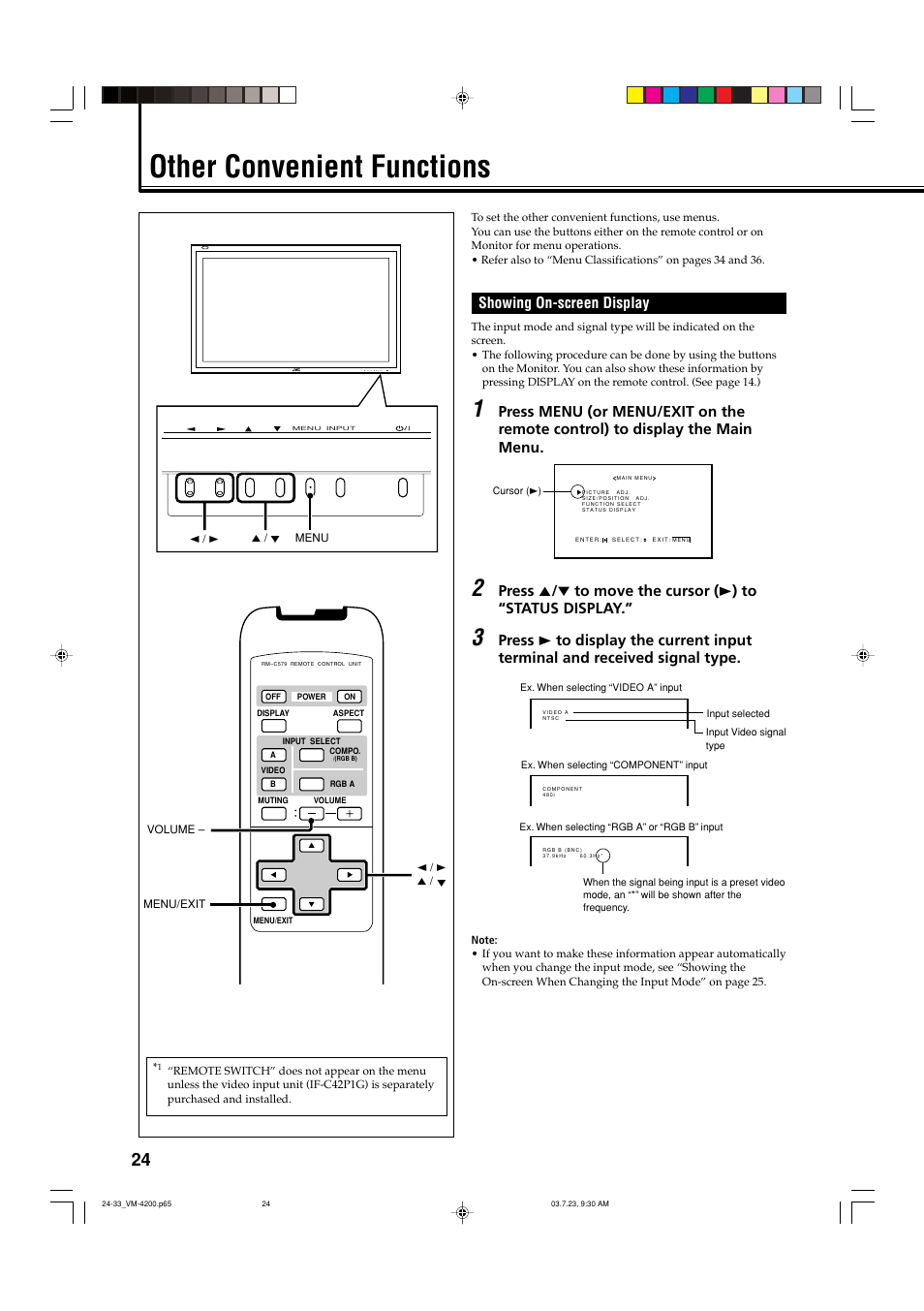 Other convenient functions, Showing on-screen display, Menu input | JVC VM-4200 User Manual | Page 26 / 44