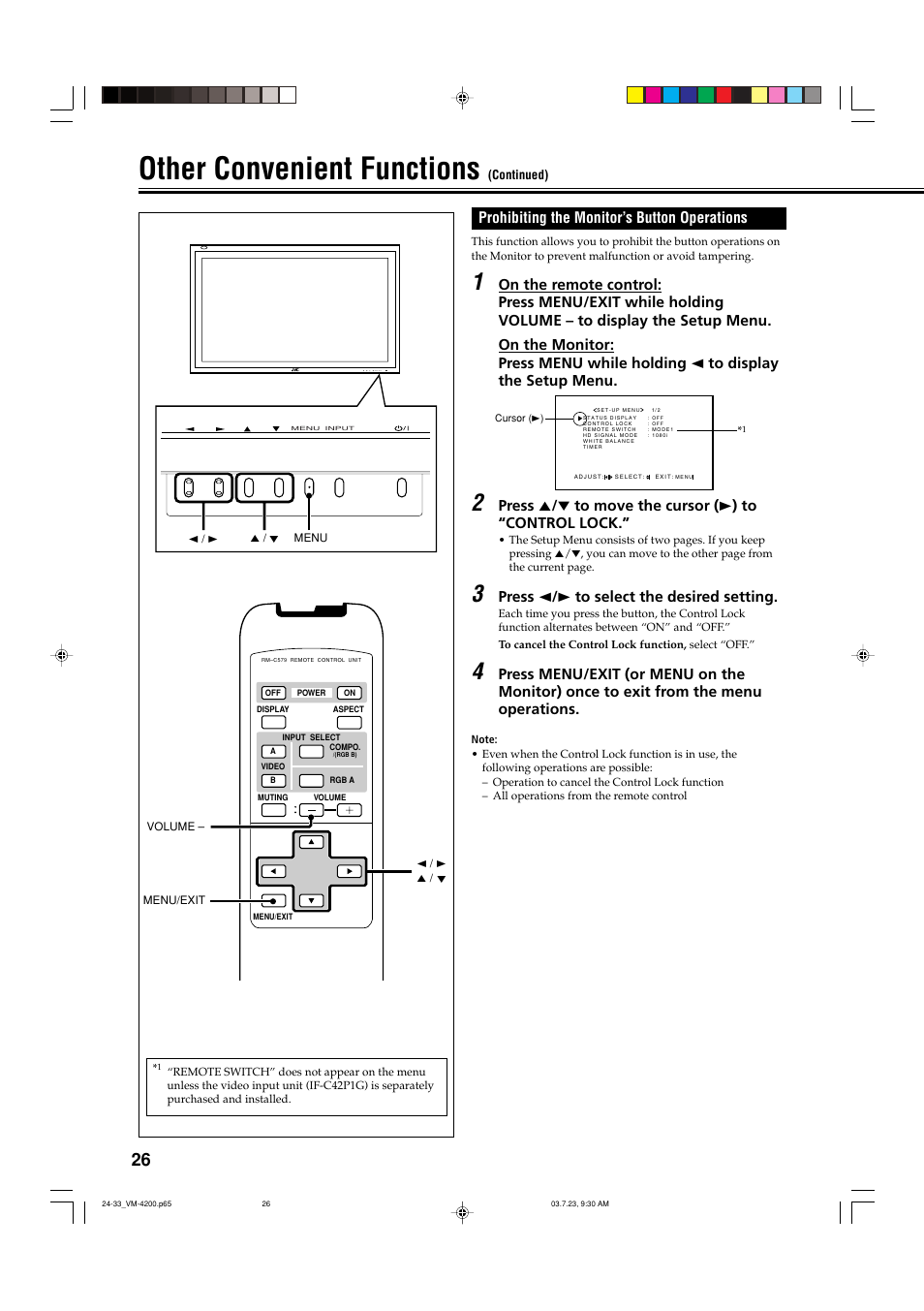 Other convenient functions, Prohibiting the monitor’s button operations, Press 2 / 3 to select the desired setting | JVC VM-4200 User Manual | Page 28 / 44