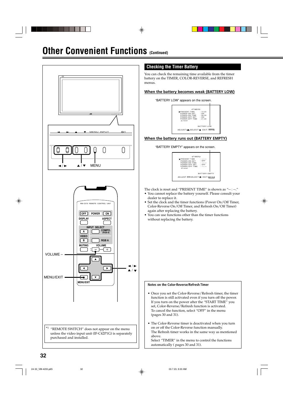 Other convenient functions, Checking the timer battery, Menu input | When the battery becomes weak (battery low), When the battery runs out (battery empty), Continued) | JVC VM-4200 User Manual | Page 34 / 44