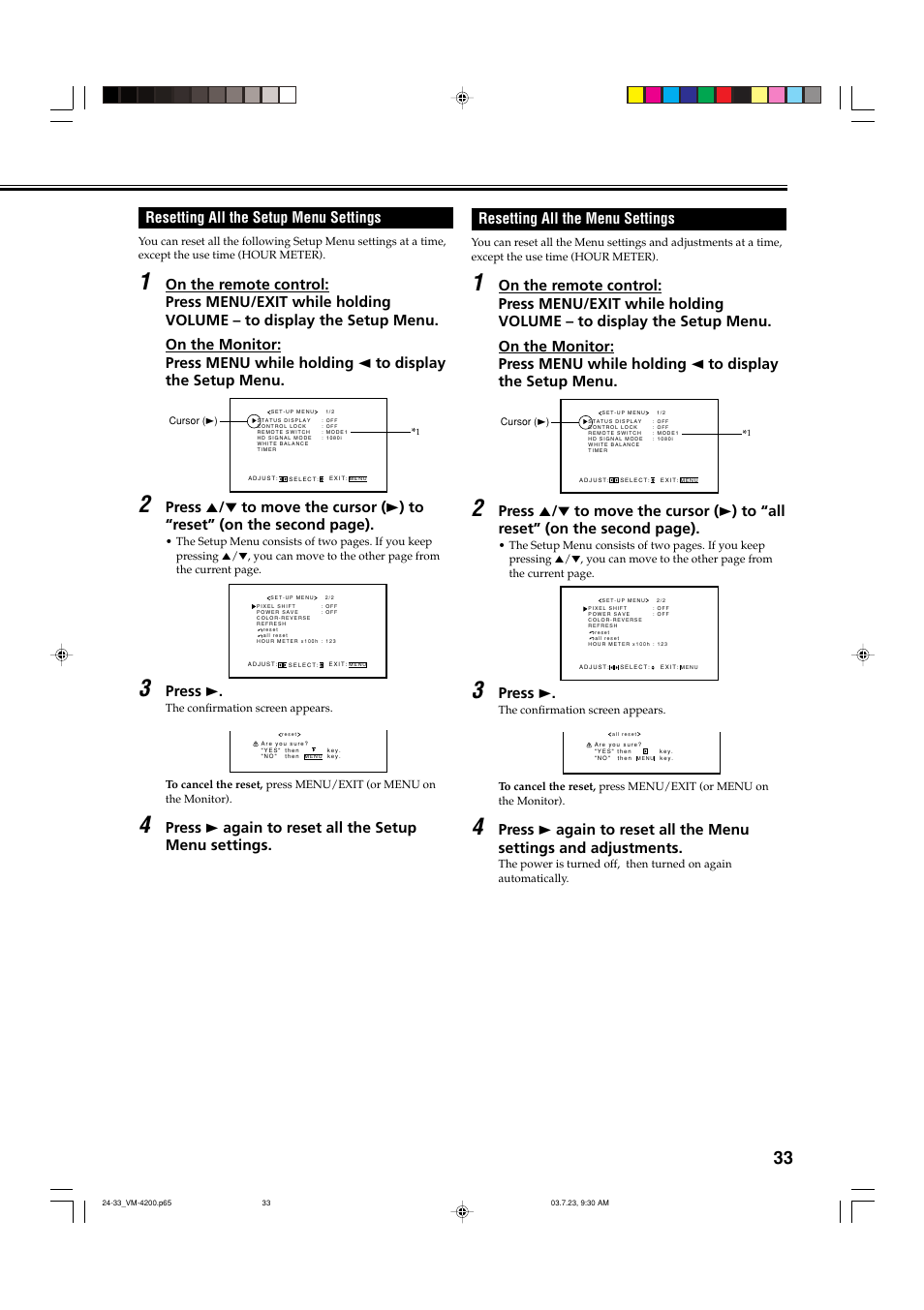 Resetting all the menu settings, Press 3, Resetting all the setup menu settings | Press 3 again to reset all the setup menu settings | JVC VM-4200 User Manual | Page 35 / 44
