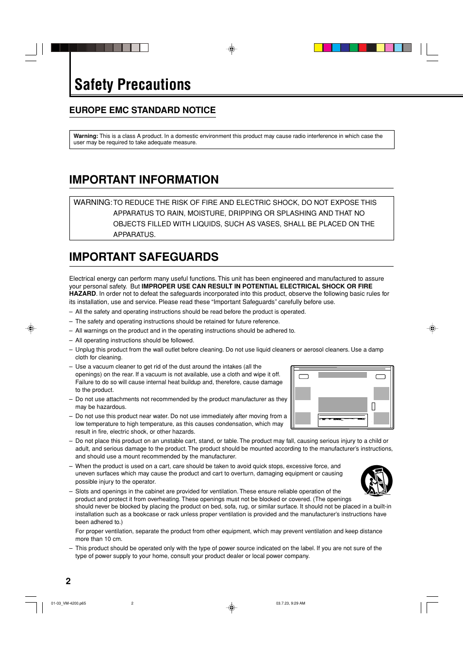 Safety precautions, Important information, Important safeguards | 2europe emc standard notice | JVC VM-4200 User Manual | Page 4 / 44