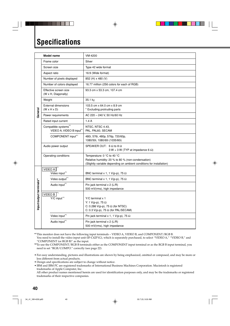 Specifications | JVC VM-4200 User Manual | Page 42 / 44