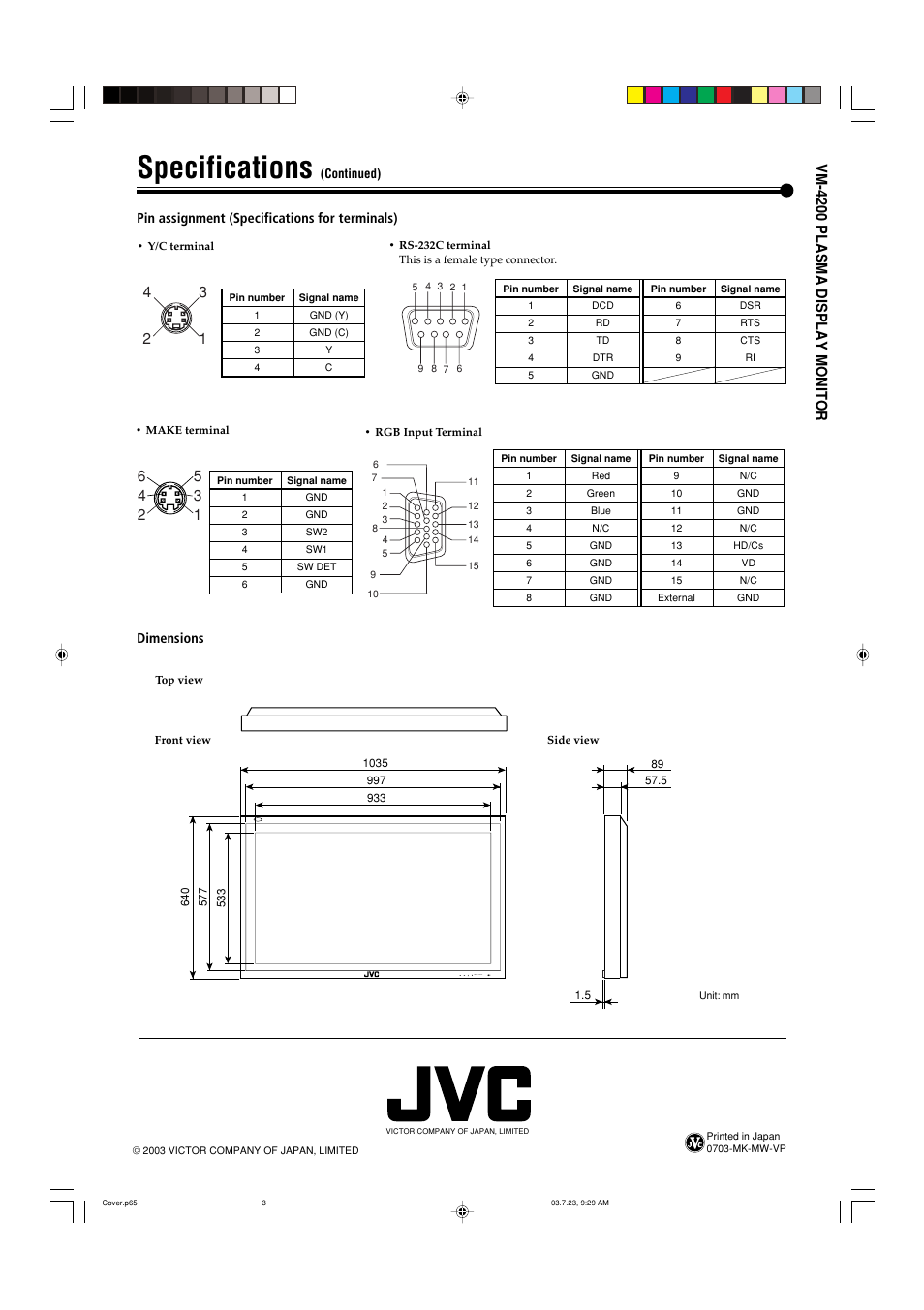 Specifications, Vm-4200 plasma display monitor | JVC VM-4200 User Manual | Page 44 / 44