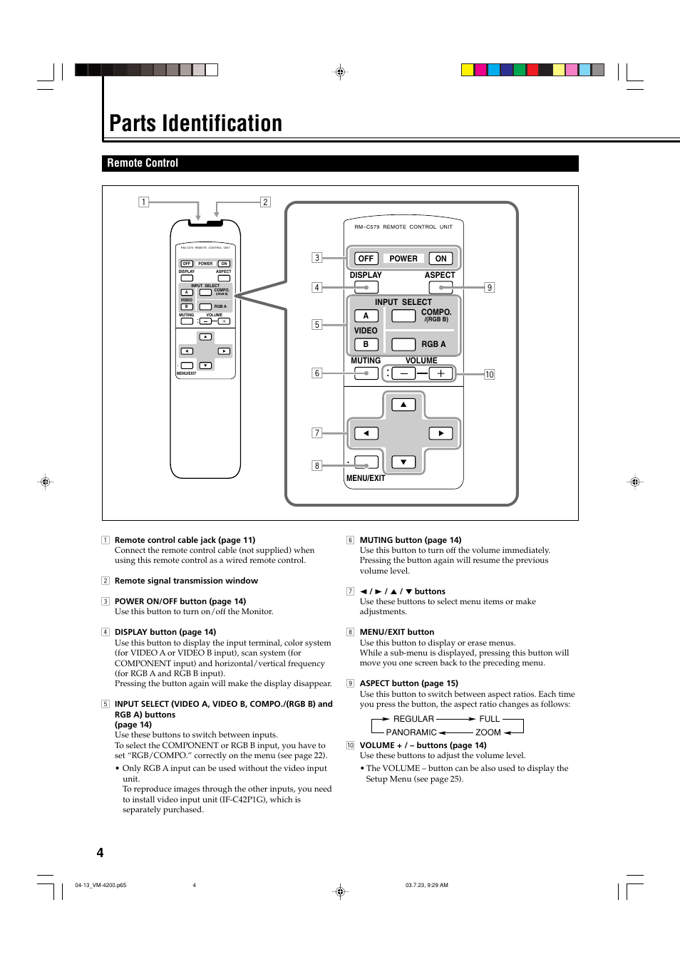 Parts identification, Remote control | JVC VM-4200 User Manual | Page 6 / 44