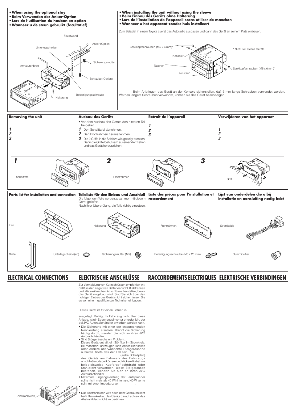 Electrical connections, Elektrische anschlusse, Raccordements electriques | Elektrische verbindingen, Elektrische anschlüsse | JVC KS-F162 User Manual | Page 2 / 4