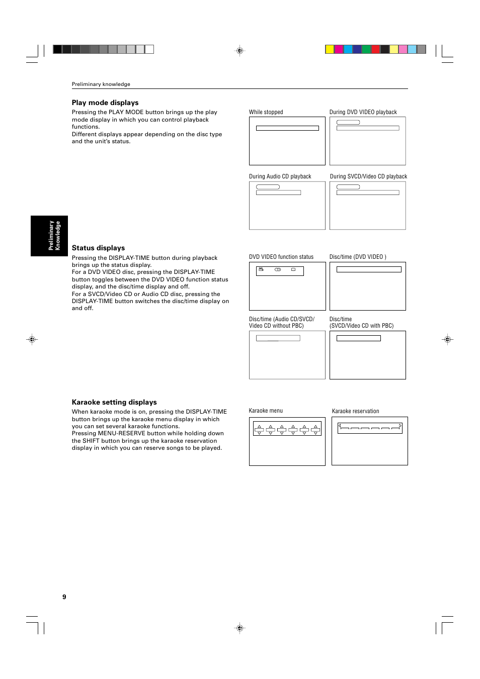 Play mode displays, Status displays, Karaoke setting displays | Preliminary knowledge, While stopped during dvd video playback | JVC XV-M565BK User Manual | Page 12 / 60