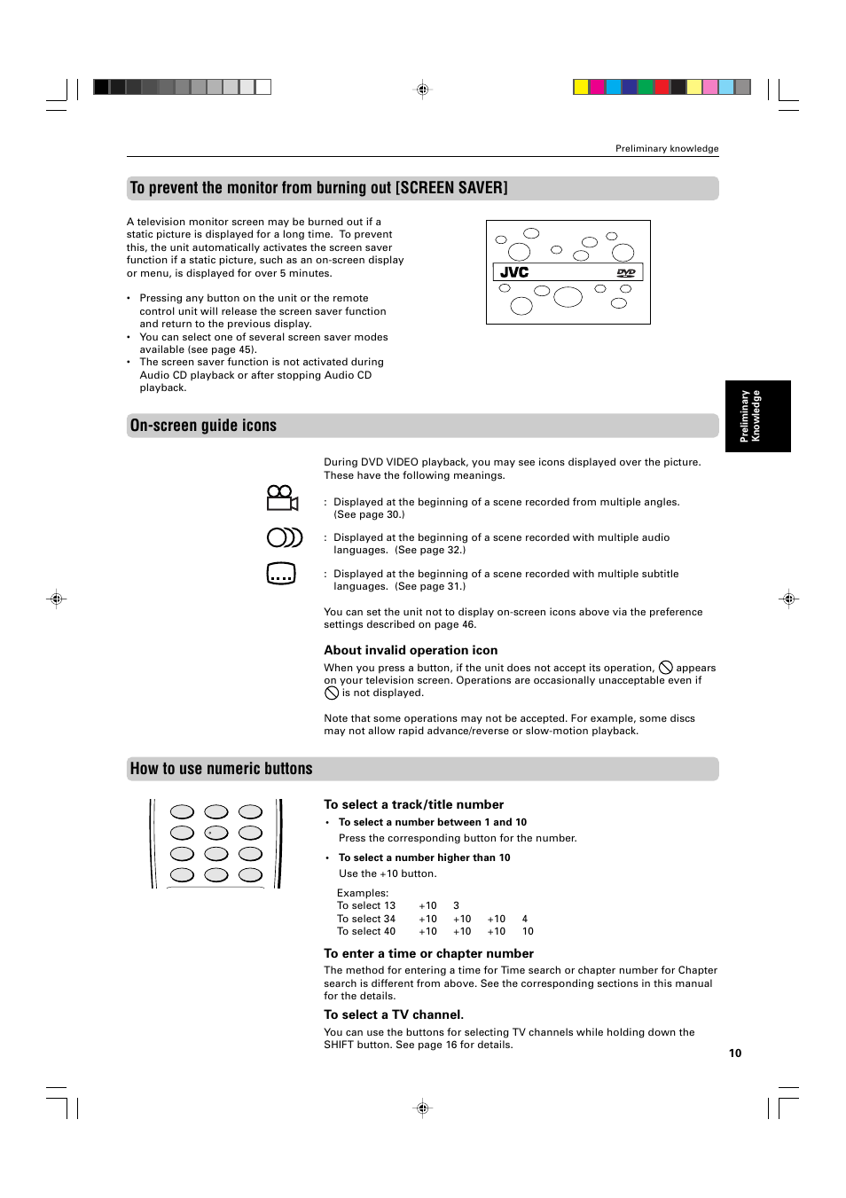 On-screen guide icons, How to use numeric buttons, About invalid operation icon | JVC XV-M565BK User Manual | Page 13 / 60