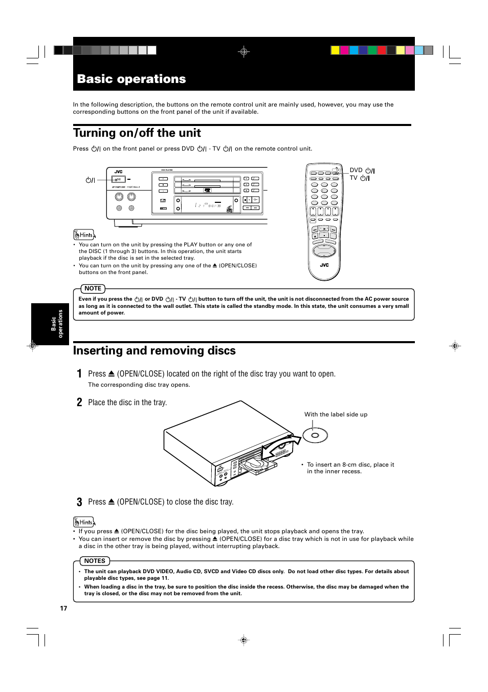 Basic operations, Turning on/off the unit, Inserting and removing discs | Place the disc in the tray, Press 0 (open/close) to close the disc tray, Dolby d | JVC XV-M565BK User Manual | Page 20 / 60