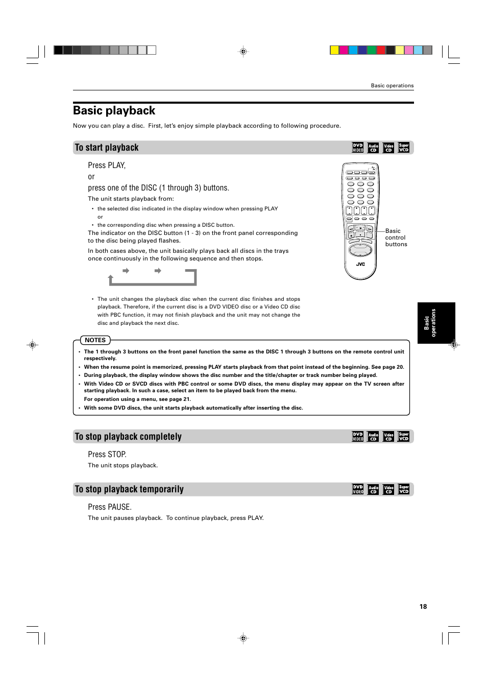 Basic playback, Press stop, Press pause | The unit starts playback from, Basic control buttons, The unit stops playback, Basic operations, English français | JVC XV-M565BK User Manual | Page 21 / 60