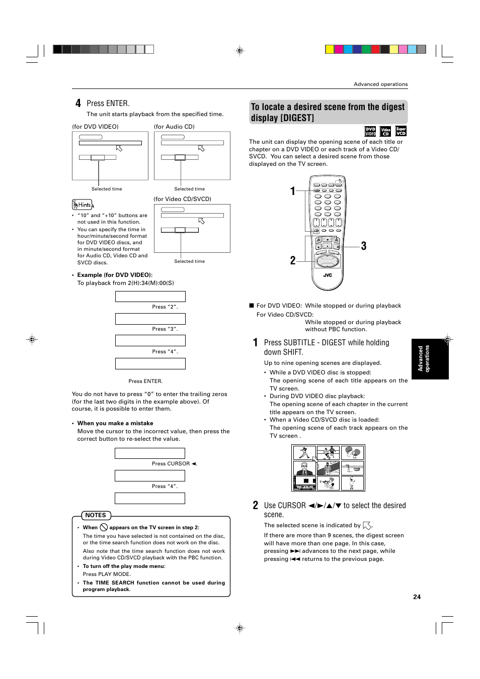 Press enter, Press subtitle - digest while holding down shift, Use cursor 2/3/5/∞ to select the desired scene | JVC XV-M565BK User Manual | Page 27 / 60