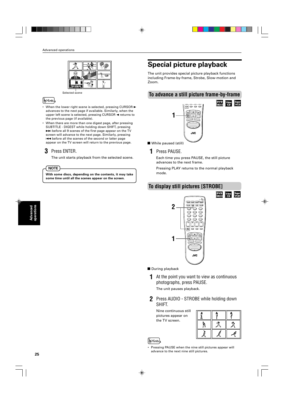 Special picture playback, Press enter, Press pause | Press audio - strobe while holding down shift, Advanced operations, The unit starts playback from the selected scene, While paused (still), During playback, The unit pauses playback | JVC XV-M565BK User Manual | Page 28 / 60