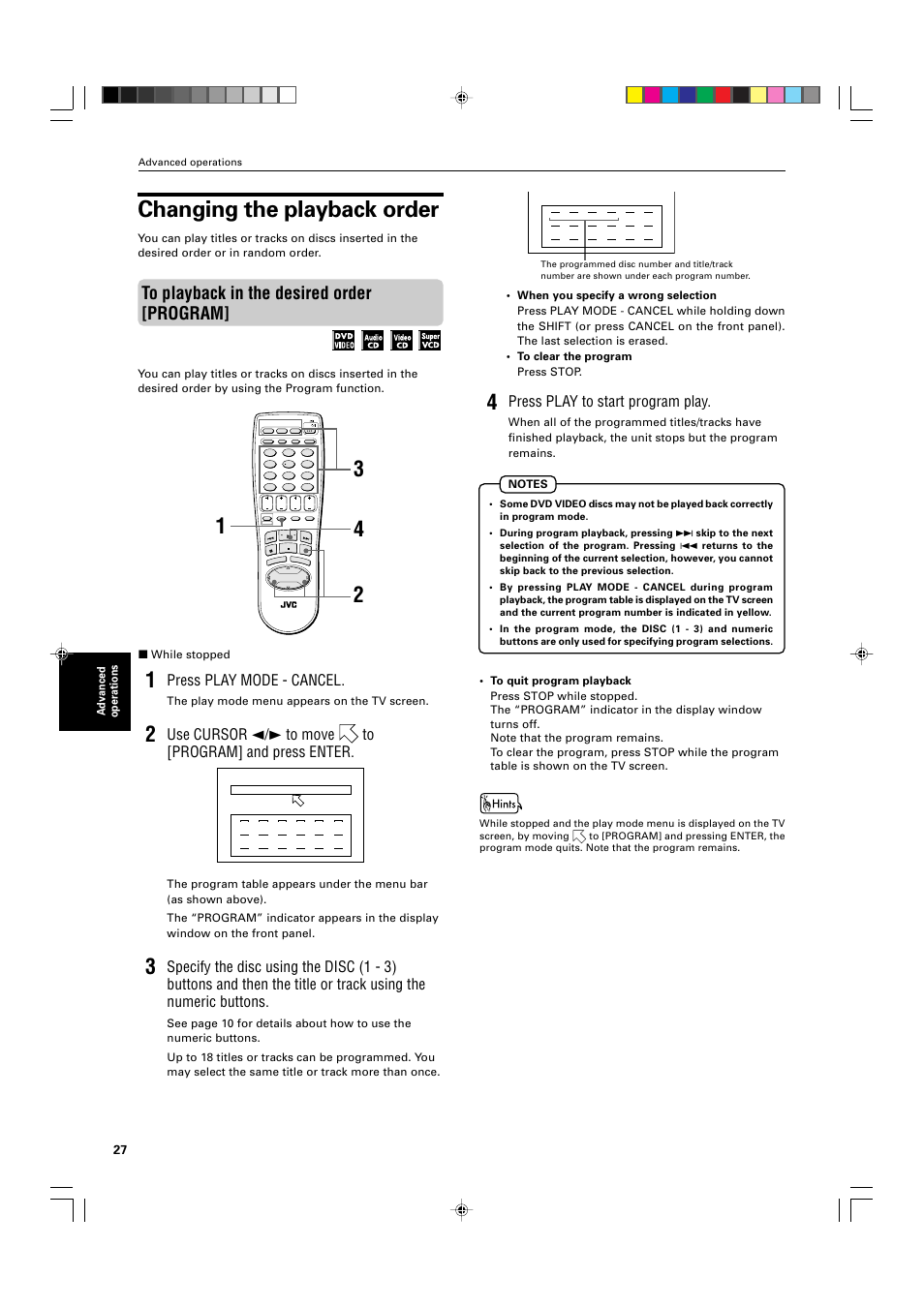 Changing the playback order, Press play to start program play, Press play mode - cancel | Advanced operations, While stopped, The play mode menu appears on the tv screen | JVC XV-M565BK User Manual | Page 30 / 60