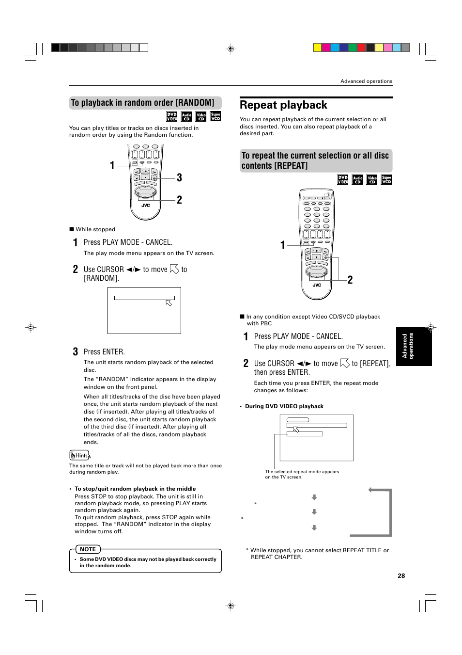 Repeat playback, Press play mode - cancel, Use cursor 2/3 to move to [random | Press enter, Advanced operations, While stopped, The play mode menu appears on the tv screen | JVC XV-M565BK User Manual | Page 31 / 60