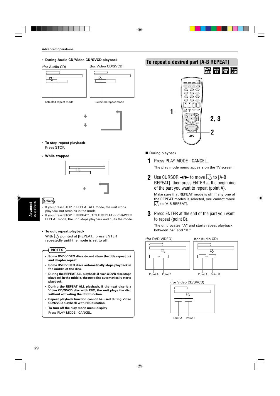 Press play mode - cancel, Advanced operations, For video cd/svcd) (for audio cd) | Repeat all no indication (off), During playback, The play mode menu appears on the tv screen, For dvd video), For audio cd), For video cd/svcd) | JVC XV-M565BK User Manual | Page 32 / 60