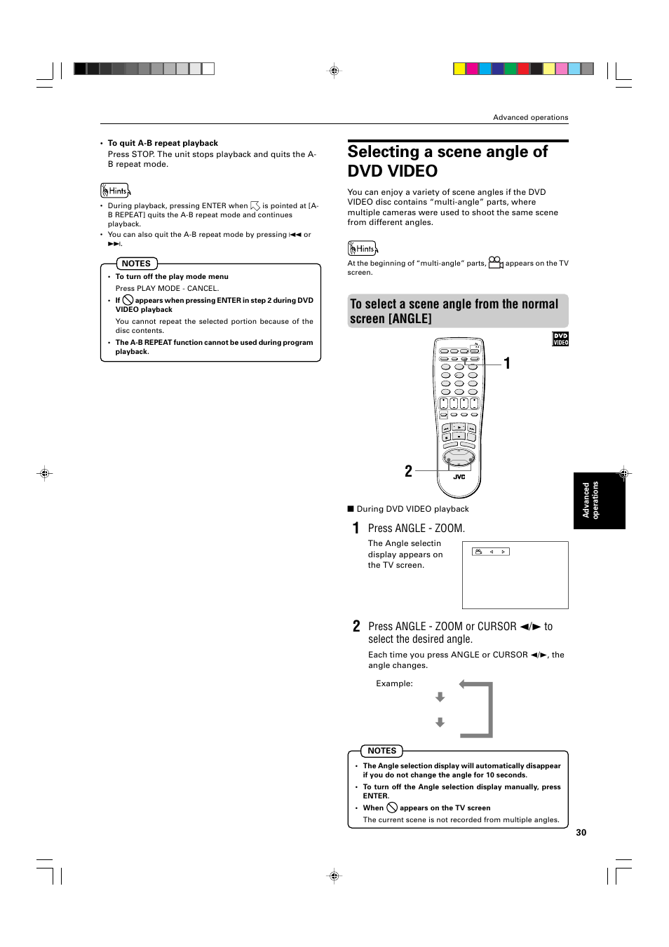 Selecting a scene angle of dvd video, Press angle - zoom, Advanced operations | During dvd video playback | JVC XV-M565BK User Manual | Page 33 / 60