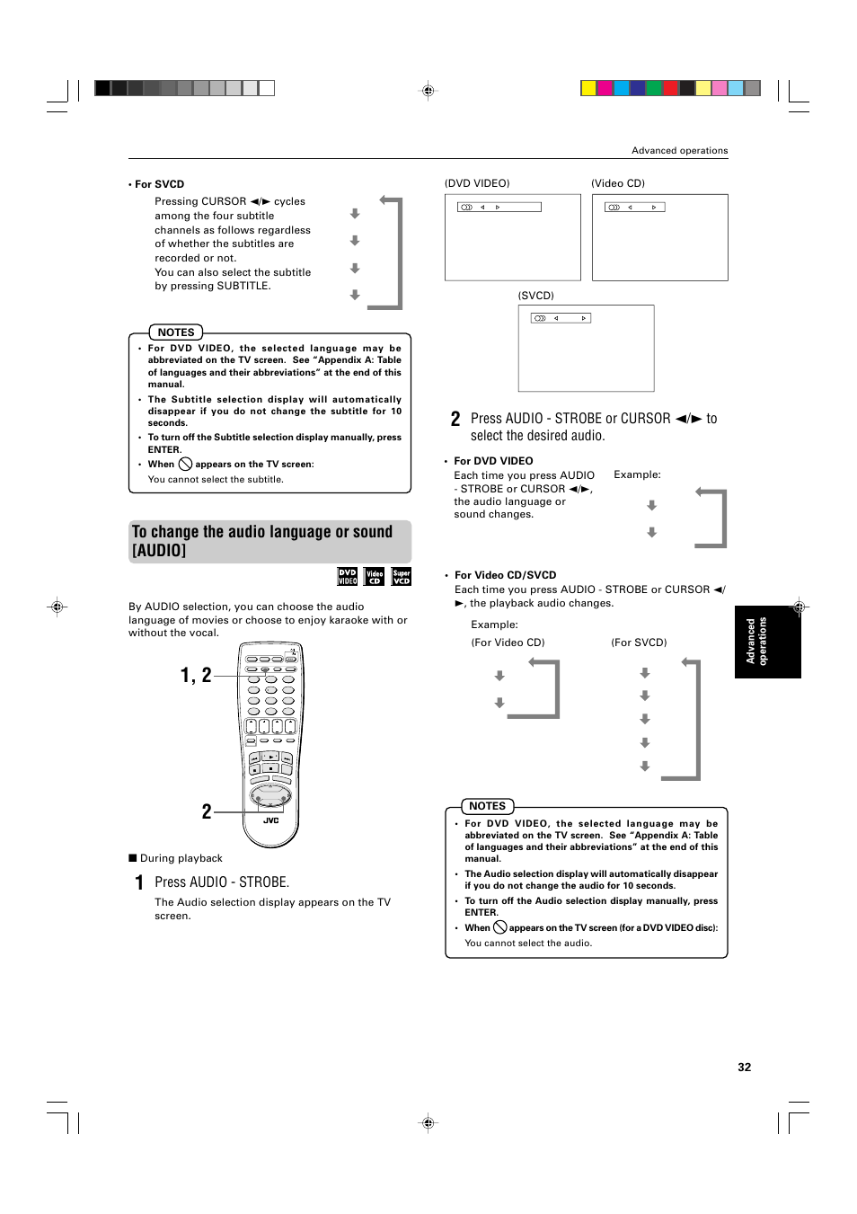 Press audio - strobe, Advanced operations, During playback | Dvd video) (video cd) | JVC XV-M565BK User Manual | Page 35 / 60