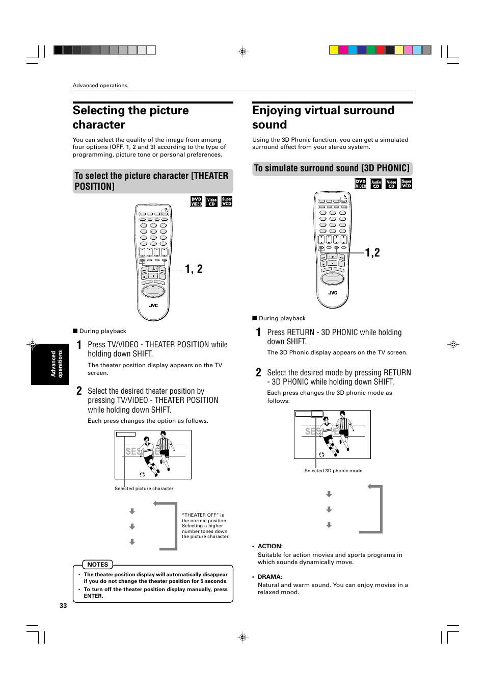 Enjoying virtual surround sound, Selecting the picture character, Press return - 3d phonic while holding down shift | Advanced operations, During playback, The 3d phonic display appears on the tv screen, Each press changes the option as follows, Theater 1 theater 2 theater 3 theater off | JVC XV-M565BK User Manual | Page 36 / 60