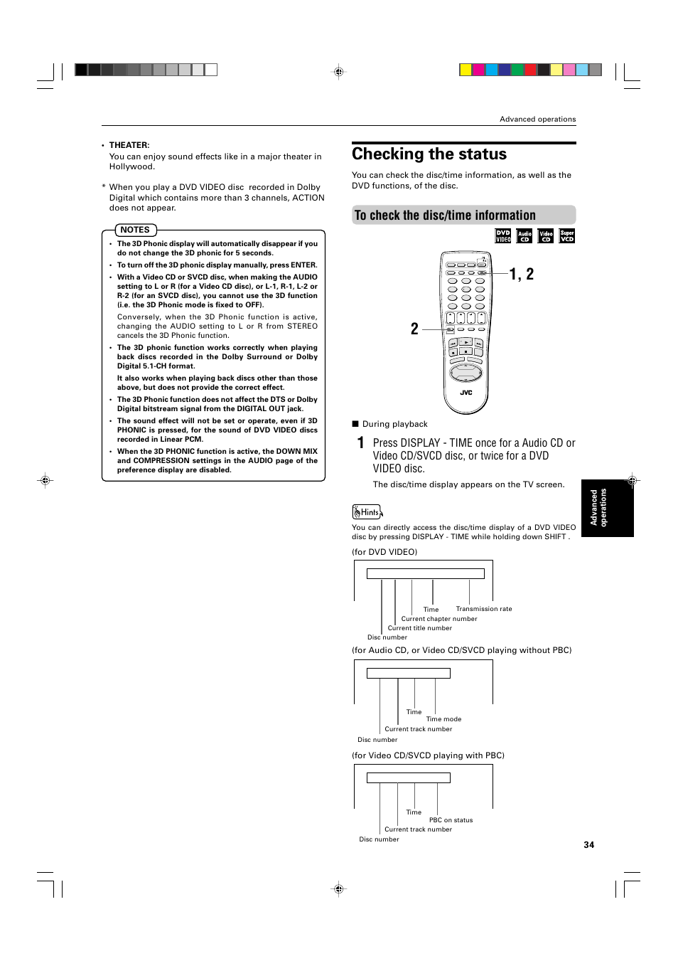 Checking the status, Advanced operations, During playback | The disc/time display appears on the tv screen | JVC XV-M565BK User Manual | Page 37 / 60