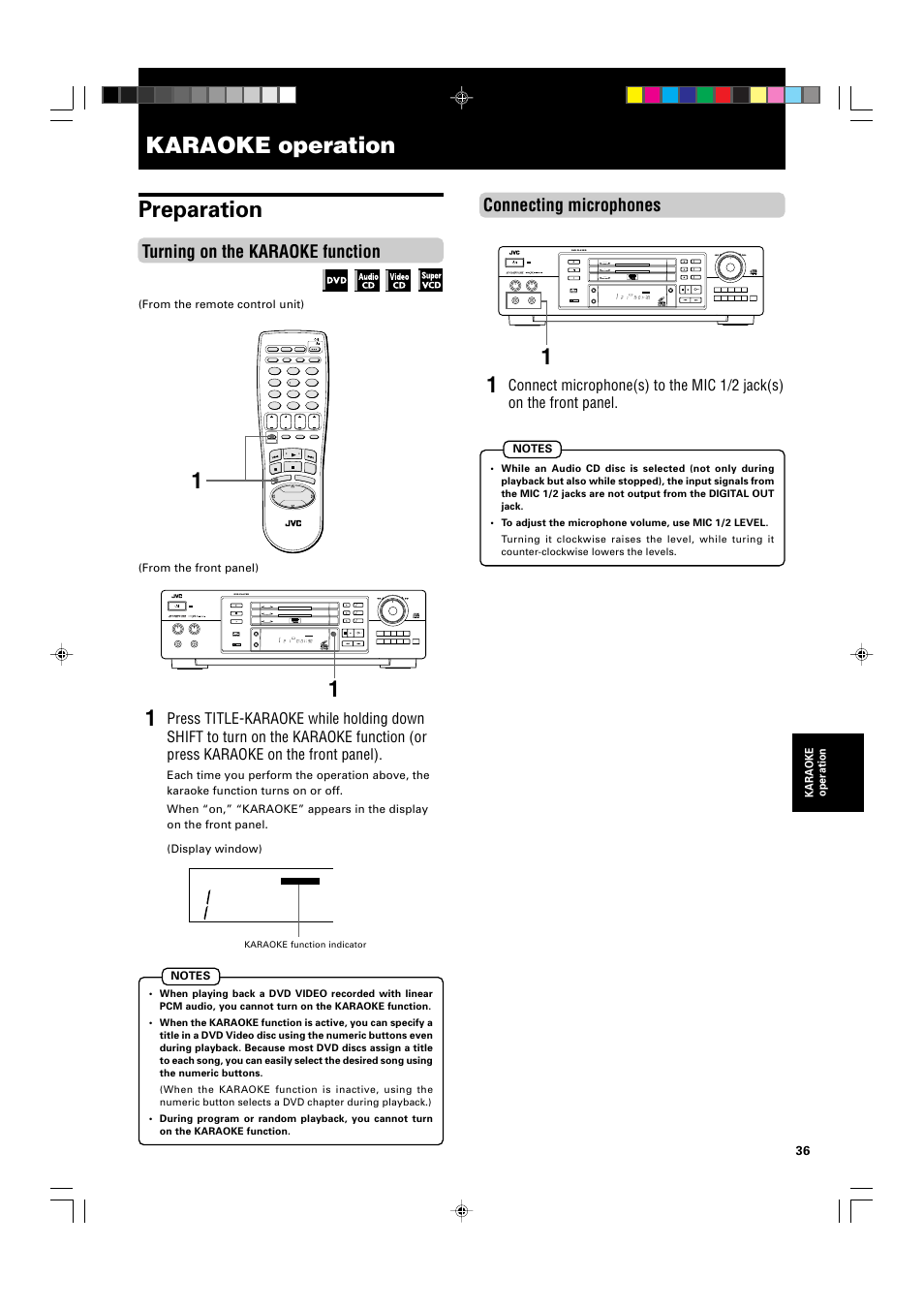 Karaoke operation, Karaoke operation preparation, Turning on the karaoke function | Connecting microphones, Standby/on stop pause play skip | JVC XV-M565BK User Manual | Page 39 / 60