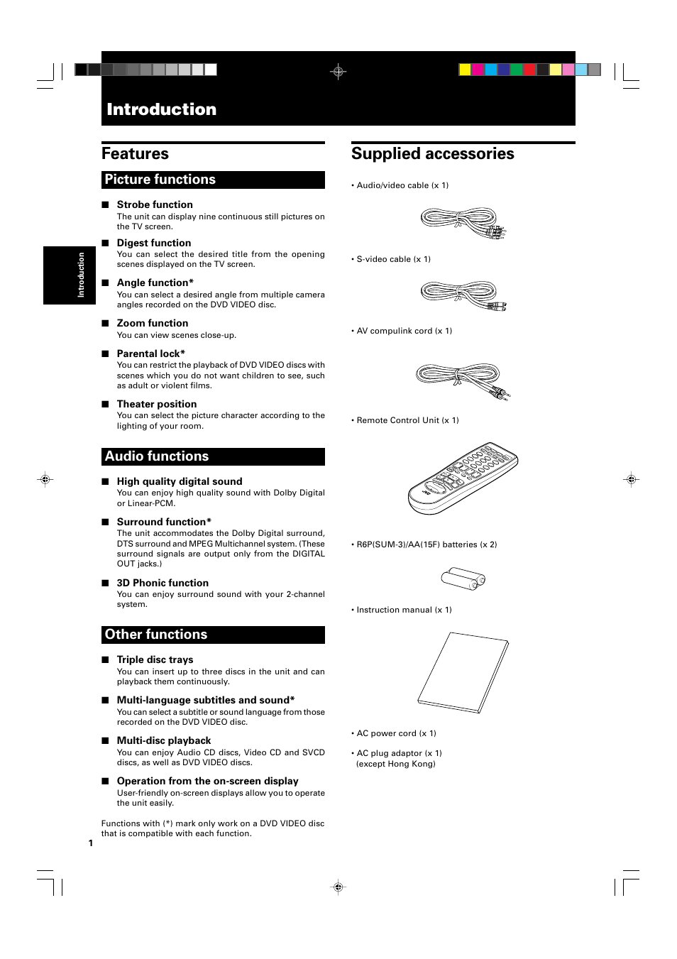 Introduction, Features, Supplied accessories | Picture functions, Audio functions, Other functions | JVC XV-M565BK User Manual | Page 4 / 60