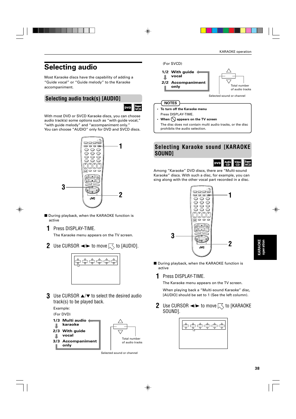 Selecting audio, Selecting karaoke sound [karaoke sound, Selecting audio track(s) [audio | Press display-time, Use cursor 2/3 to move to [karaoke sound, Use cursor 2/3 to move to [audio, Audio, The karaoke menu appears on the tv screen, For svcd), Karaoke operation | JVC XV-M565BK User Manual | Page 41 / 60