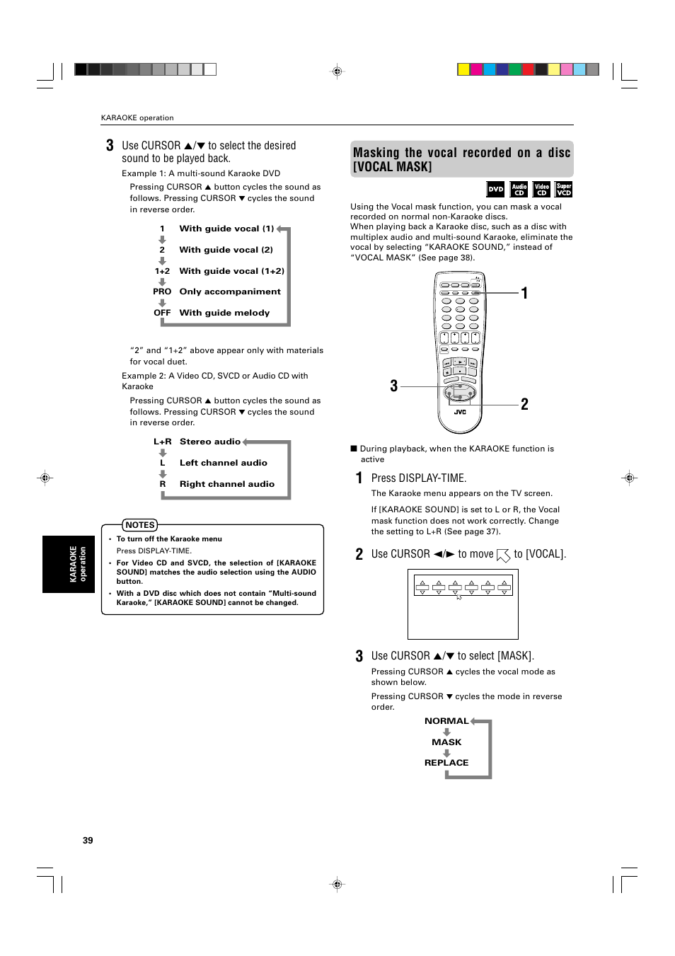 Masking the vocal recorded on a disc [vocal mask, Press display-time, Use cursor 2/3 to move to [vocal | Use cursor 5/∞ to select [mask | JVC XV-M565BK User Manual | Page 42 / 60