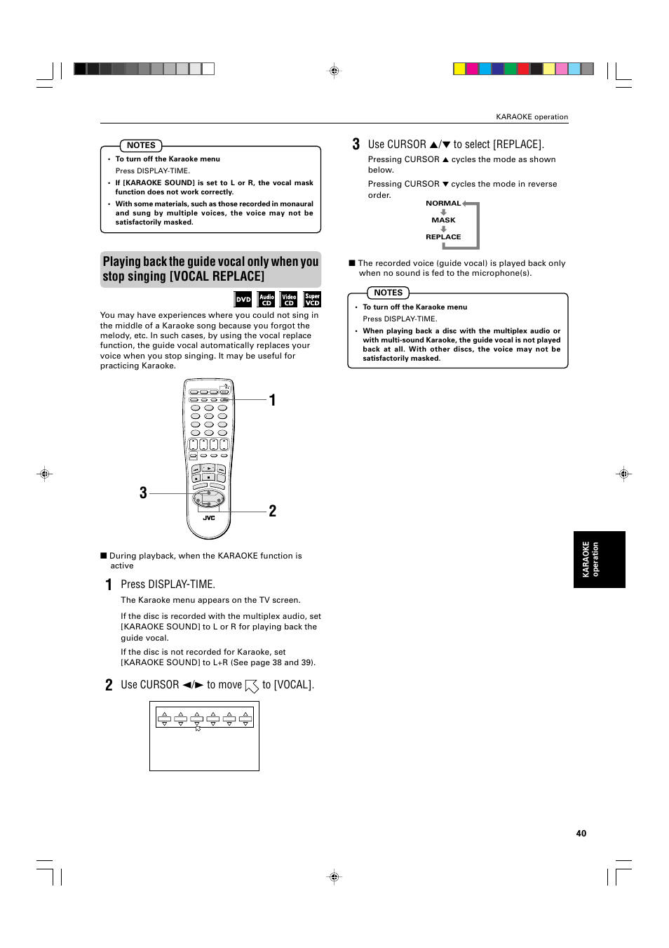 Press display-time, Use cursor 2/3 to move to [vocal, Use cursor 5/∞ to select [replace | Karaoke operation | JVC XV-M565BK User Manual | Page 43 / 60