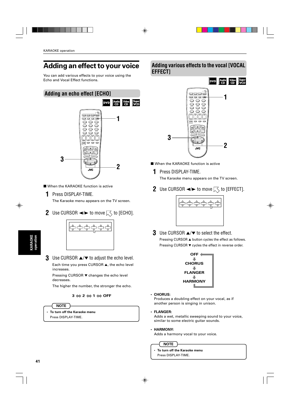 Adding an effect to your voice, Adding an echo effect [echo, Adding various effects to the vocal [vocal effect | Press display-time, Use cursor 2/3 to move to [echo, Use cursor 5/∞ to adjust the echo level, Use cursor 2/3 to move to [effect, Use cursor 5/∞ to select the effect, When the karaoke function is active, The karaoke menu appears on the tv screen | JVC XV-M565BK User Manual | Page 44 / 60