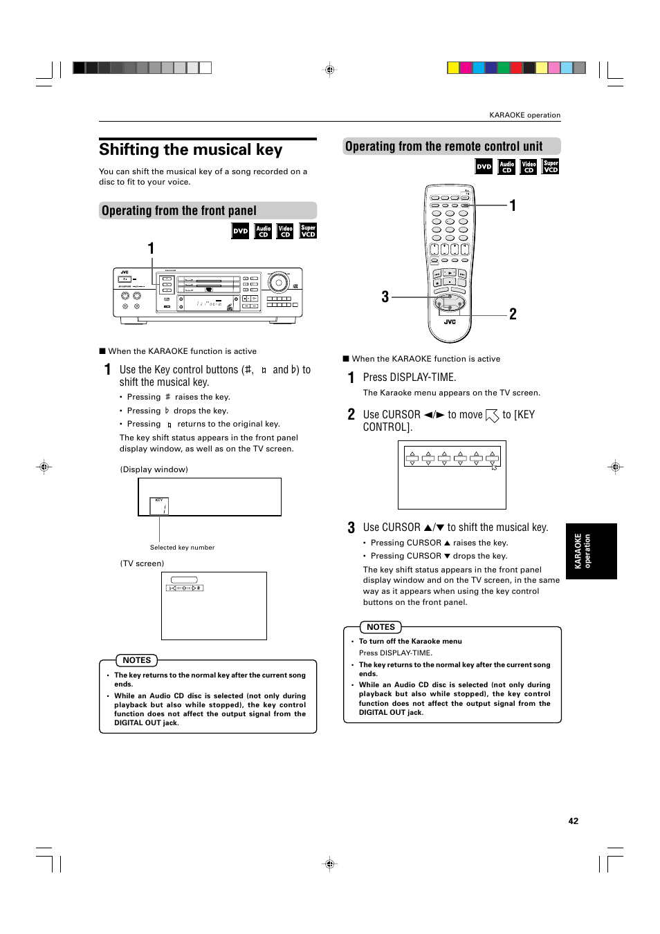 Shifting the musical key, Operating from the front panel, Operating from the remote control unit | Press display-time, Use cursor 2/3 to move to [key control, Use cursor 5/∞ to shift the musical key, Standby/on stop pause play skip | JVC XV-M565BK User Manual | Page 45 / 60