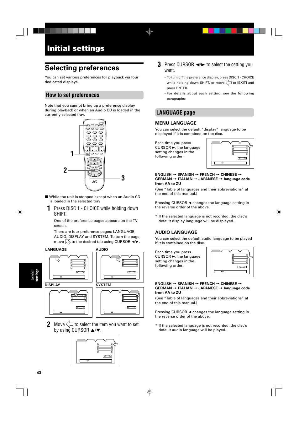 Initial settings, Selecting preferences, Language page | How to set preferences, Press disc 1 - choice while holding down shift, Press cursor 2/3 to select the setting you want, Menu language, Audio language, Language, Audio display system | JVC XV-M565BK User Manual | Page 46 / 60