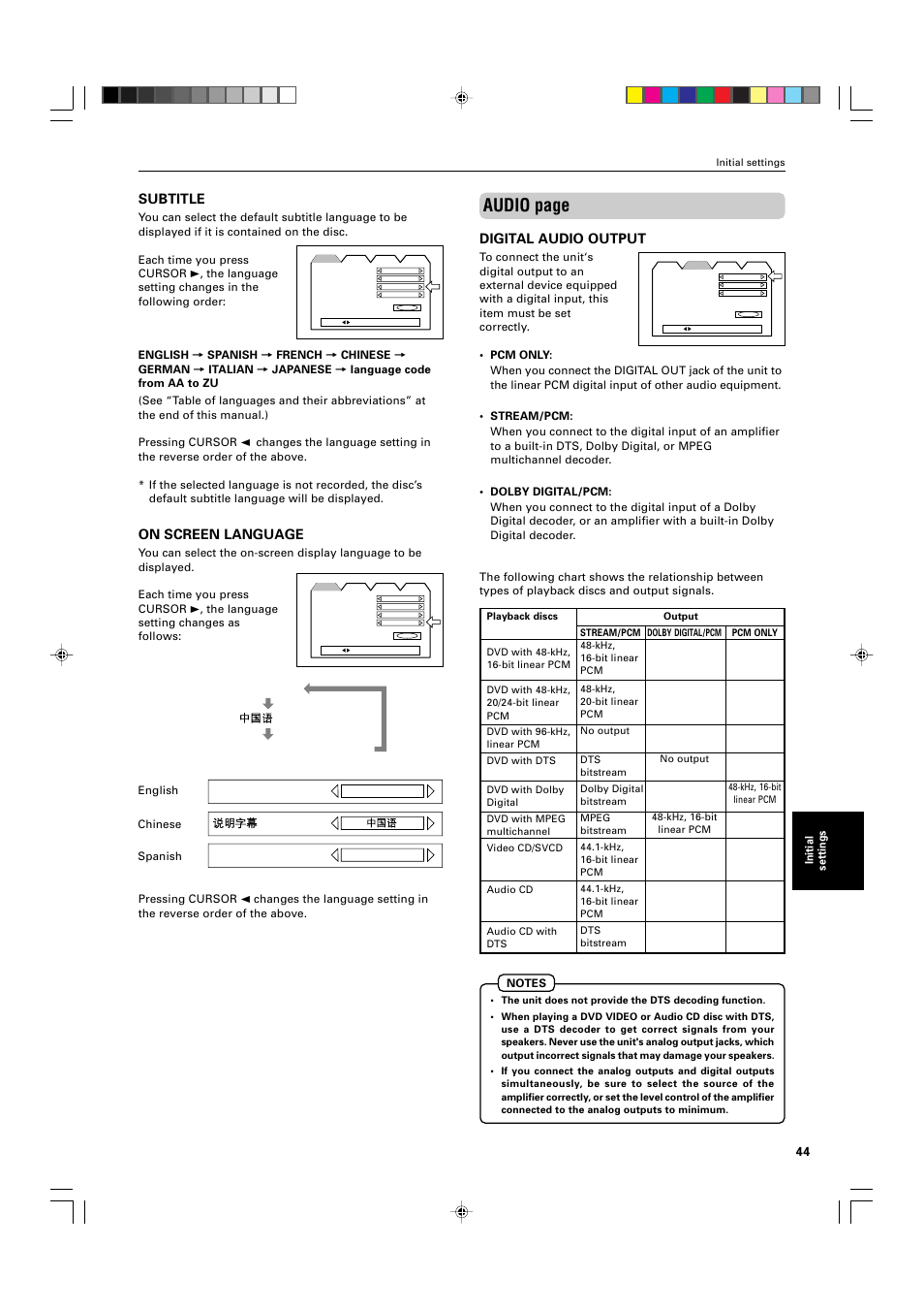 Audio page, Subtitle, On screen language | Digital audio output | JVC XV-M565BK User Manual | Page 47 / 60