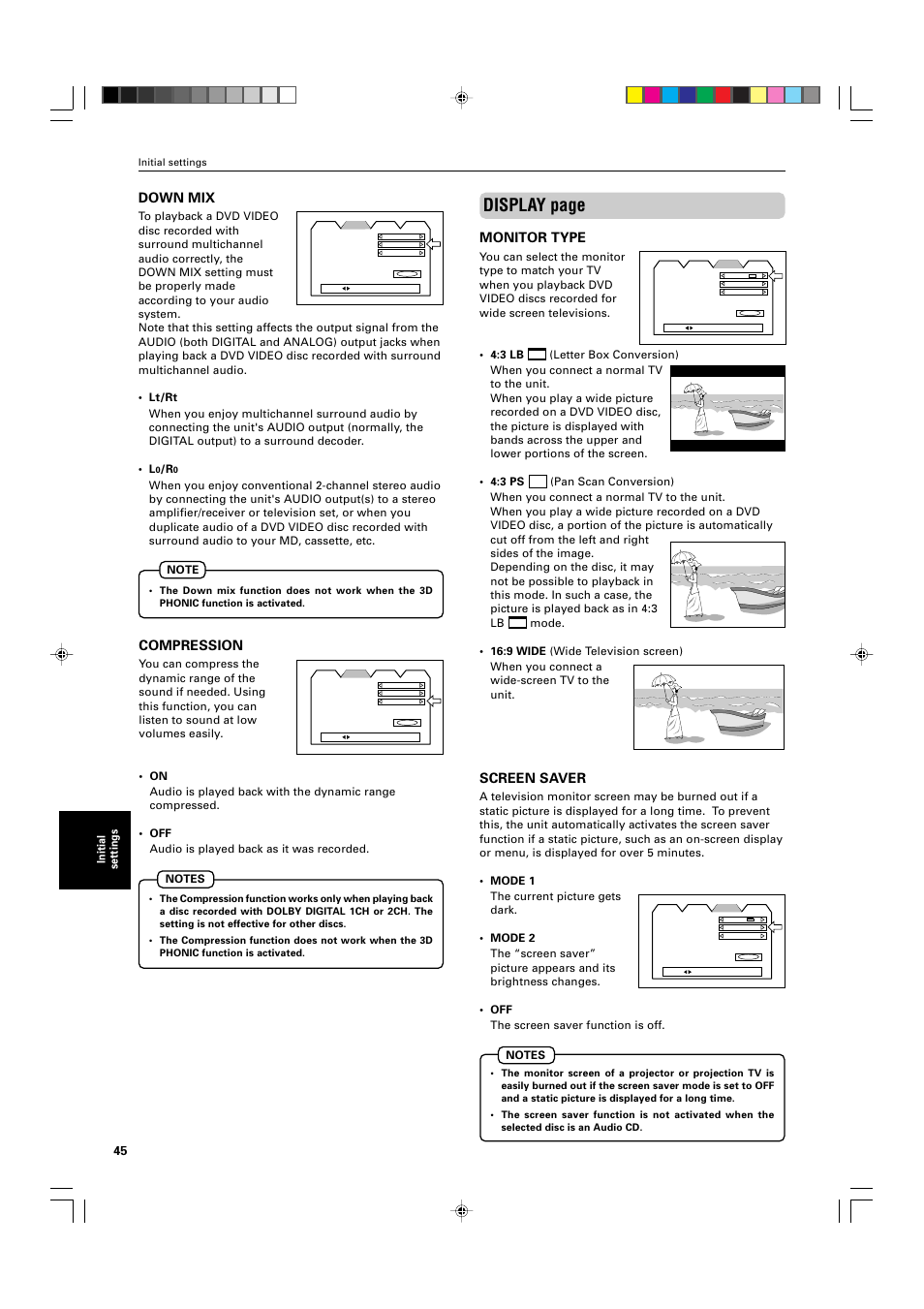 Display page, Down mix, Compression | Monitor type, Screen saver | JVC XV-M565BK User Manual | Page 48 / 60