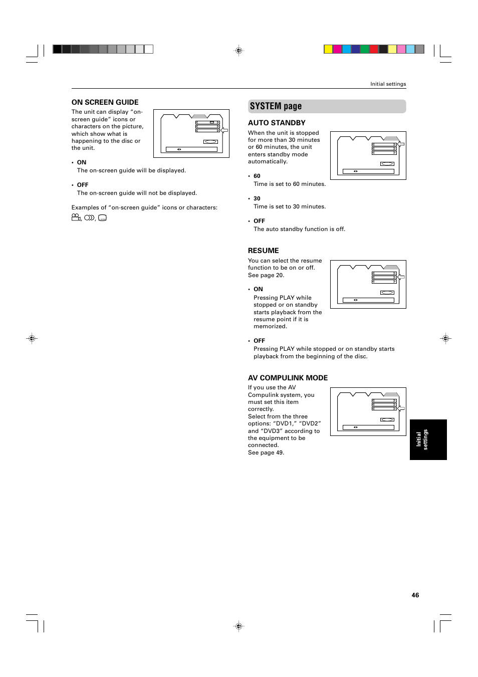 System page, On screen guide, Auto standby | Resume, Av compulink mode, Initial settings | JVC XV-M565BK User Manual | Page 49 / 60