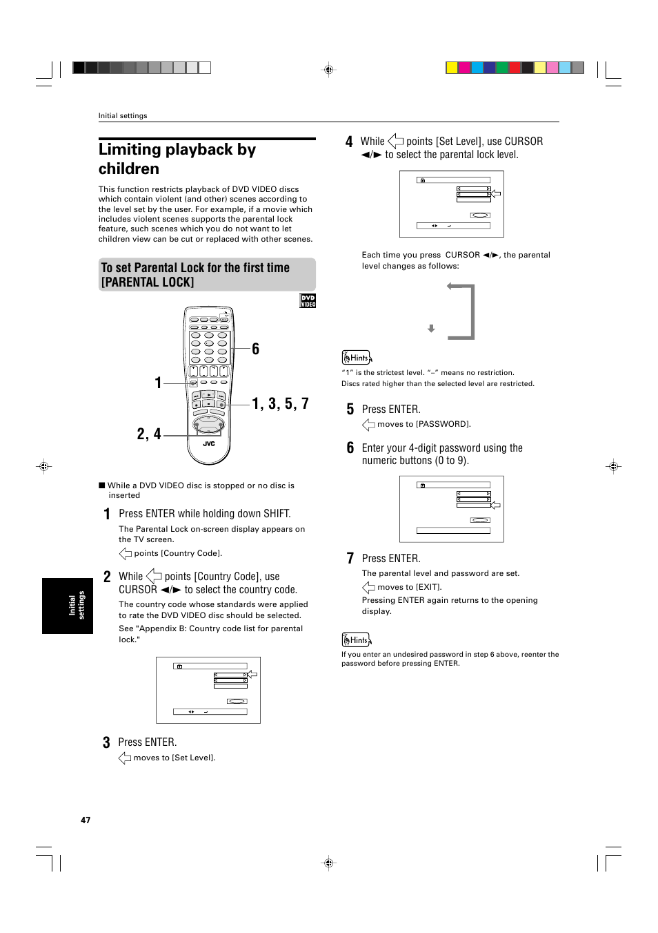 Limiting playback by children, Press enter while holding down shift, Press enter | Initial settings, Moves to [password, Moves to [set level | JVC XV-M565BK User Manual | Page 50 / 60