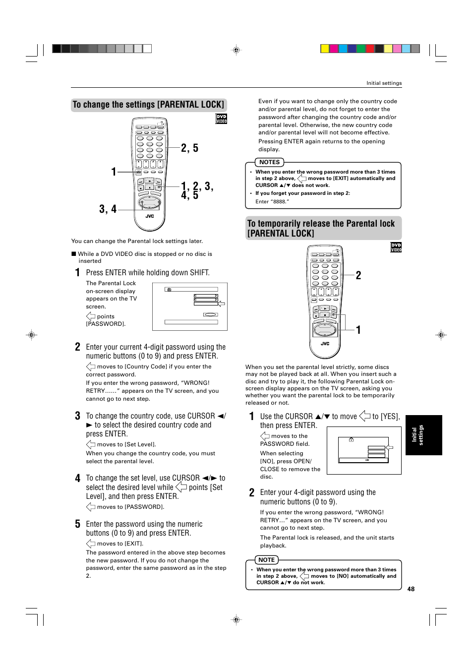 Press enter while holding down shift, Initial settings, You can change the parental lock settings later | Moves to [password | JVC XV-M565BK User Manual | Page 51 / 60