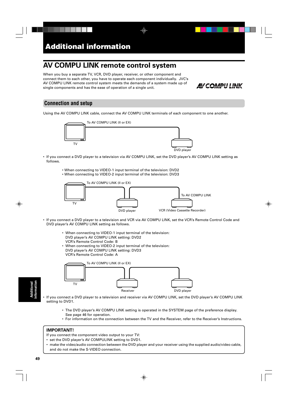 Additional information, Av compu link remote control system, Connection and setup | JVC XV-M565BK User Manual | Page 52 / 60