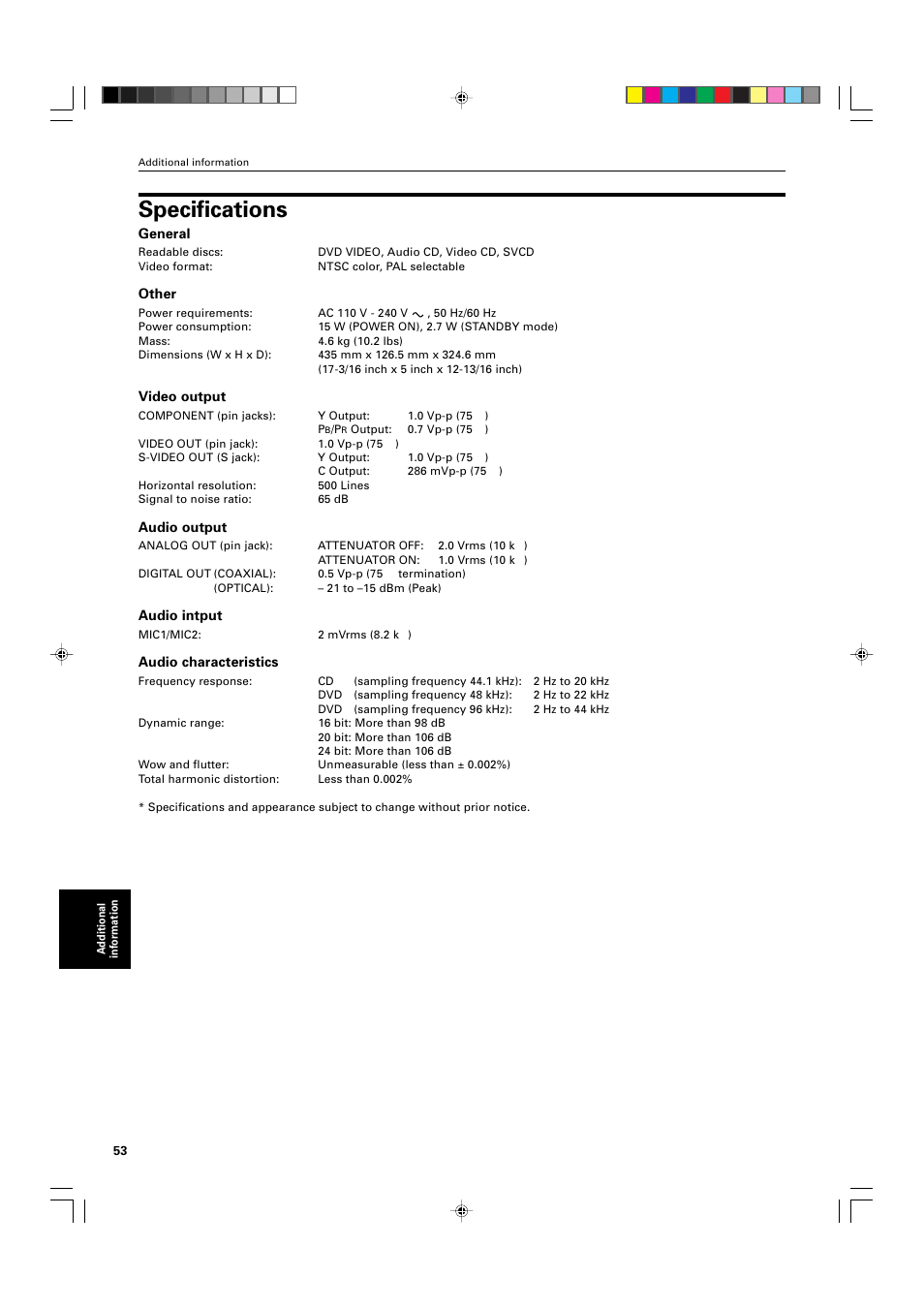 Specifications | JVC XV-M565BK User Manual | Page 56 / 60