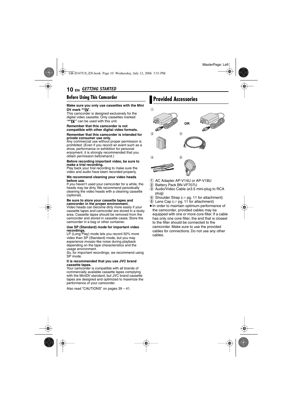 Provided accessories, Before using this camcorder | JVC GR-D347U User Manual | Page 10 / 88