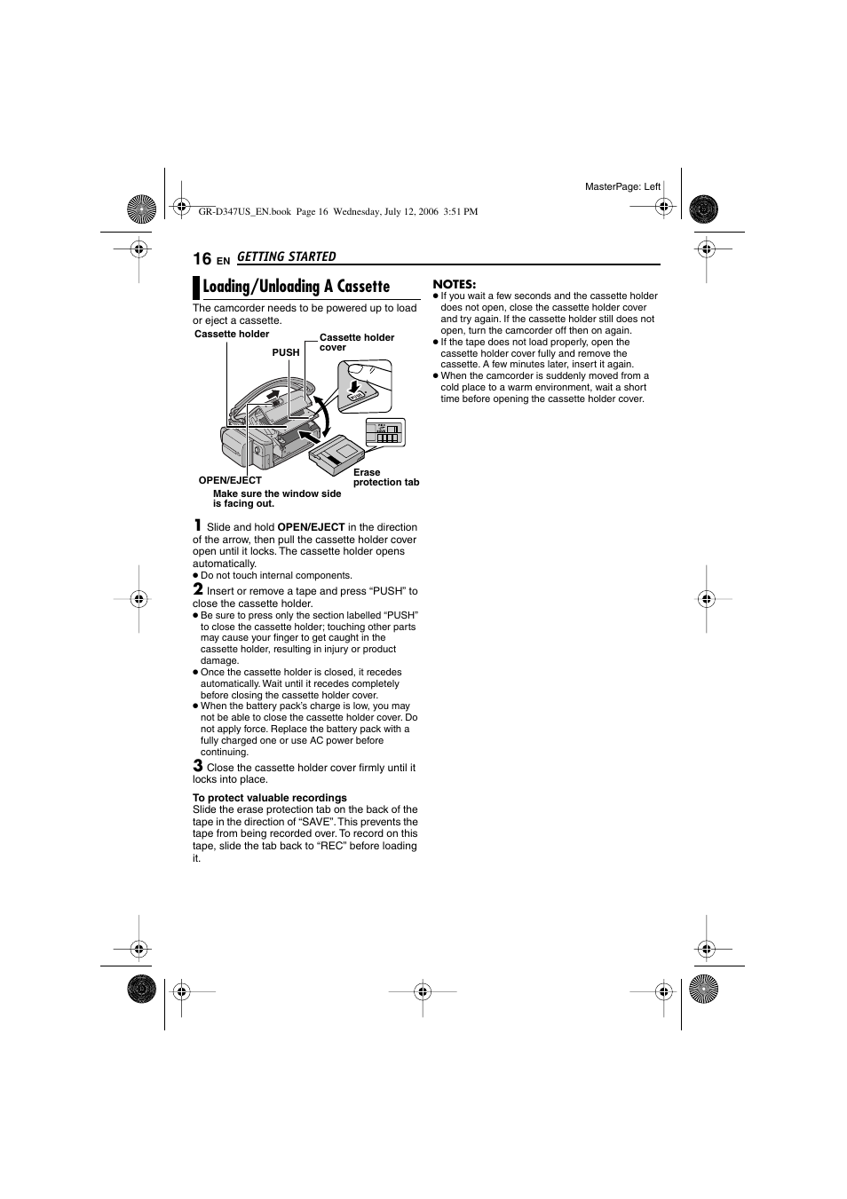 Loading/unloading a cassette | JVC GR-D347U User Manual | Page 16 / 88