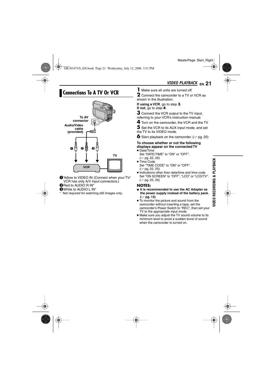 Connections to a tv or vcr | JVC GR-D347U User Manual | Page 21 / 88