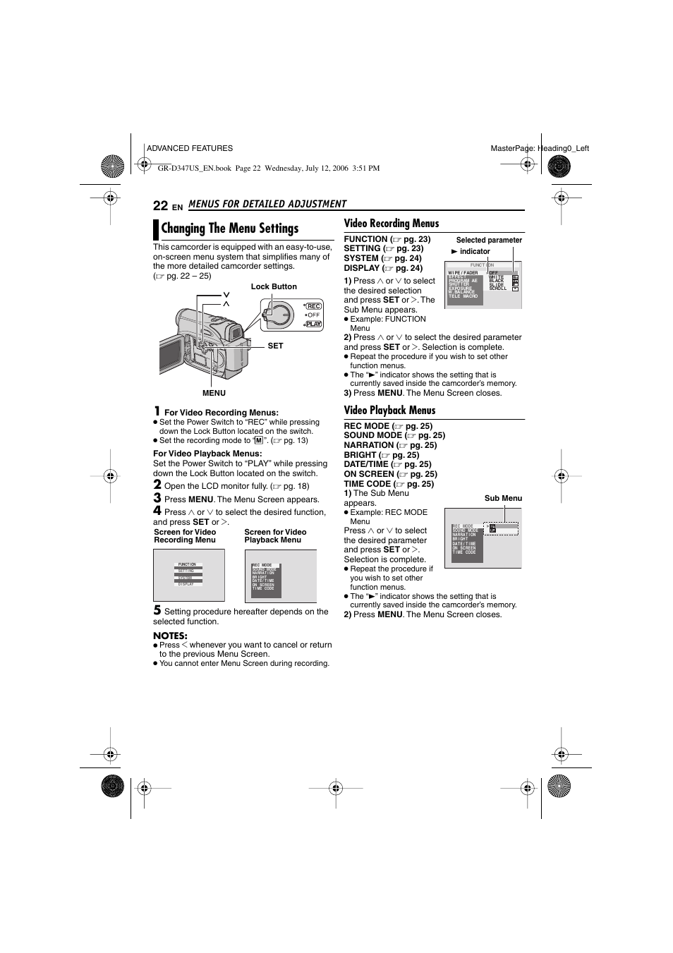 Changing the menu settings, Video recording menus, Video playback menus | Menus for detailed adjustment | JVC GR-D347U User Manual | Page 22 / 88