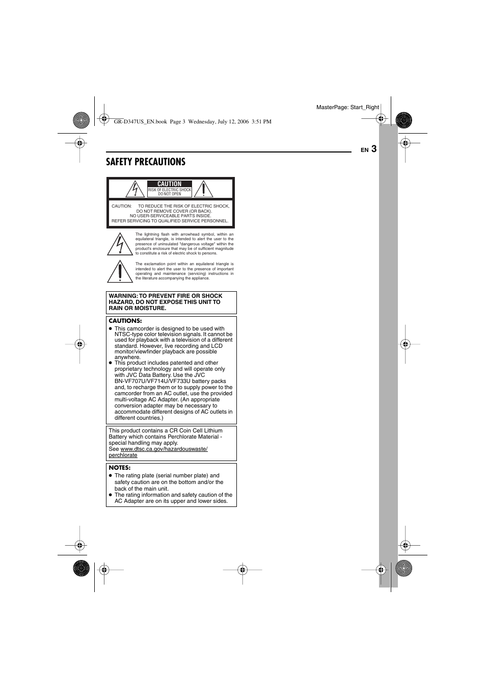 Safety precautions | JVC GR-D347U User Manual | Page 3 / 88