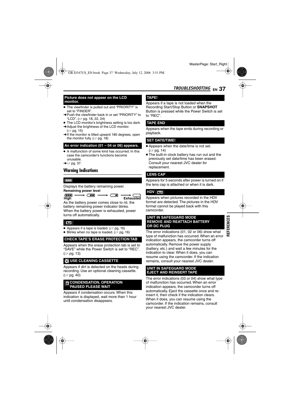 Warning indications | JVC GR-D347U User Manual | Page 37 / 88
